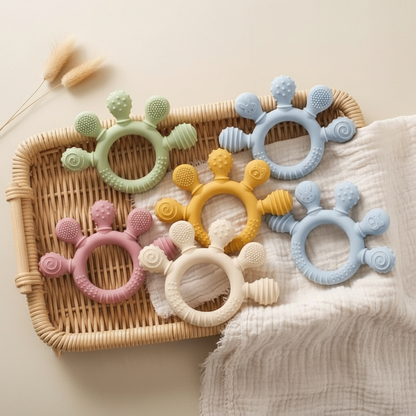 Anneau de dentition bébé en silicone alimentaire – Jouet sensoriel doux, soulage les gencives et favorise l’éveil - Nid’Éveil