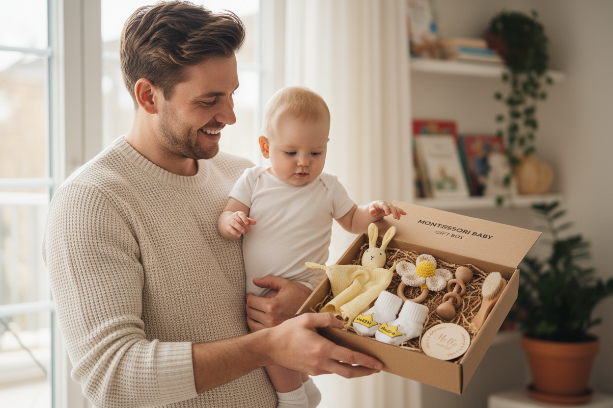 Papa tenant bébé recevant coffret cadeau naissance Montessori jaune - Doudou lapin, hochet fleur crochet, accessoires bois naturel