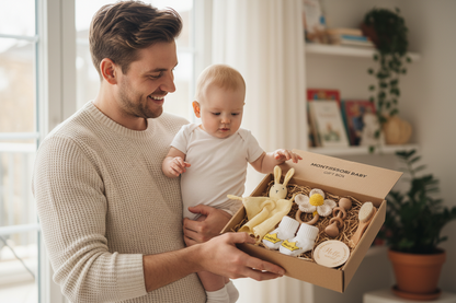 Papa tenant bébé recevant coffret cadeau naissance Montessori jaune - Doudou lapin, hochet fleur crochet, accessoires bois naturel