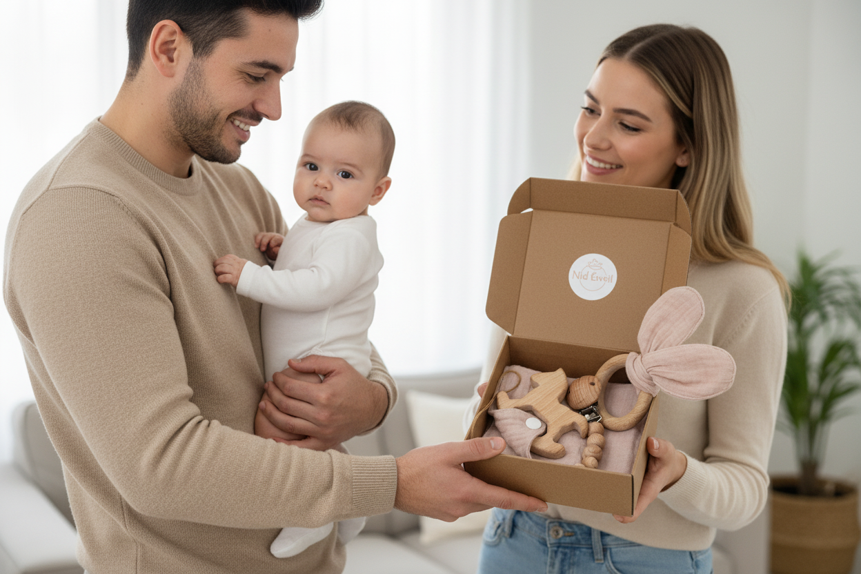 Papa avec bébé recevant coffret cadeau naissance rose - Hochet bois, mousseline et attache-tétine Montessori
