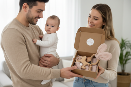 Papa avec bébé recevant coffret cadeau naissance rose - Hochet bois, mousseline et attache-tétine Montessori
