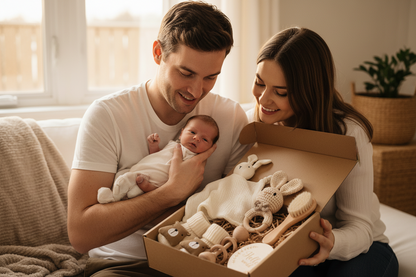 Parents avec nouveau-né recevant coffret cadeau naissance Montessori - Doudou lapin, hochet bois crochet, brosse bébé naturelle