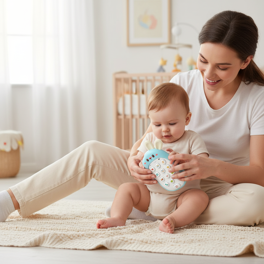 Parent et bébé s'amusant avec le téléphone jouet lapin bleu