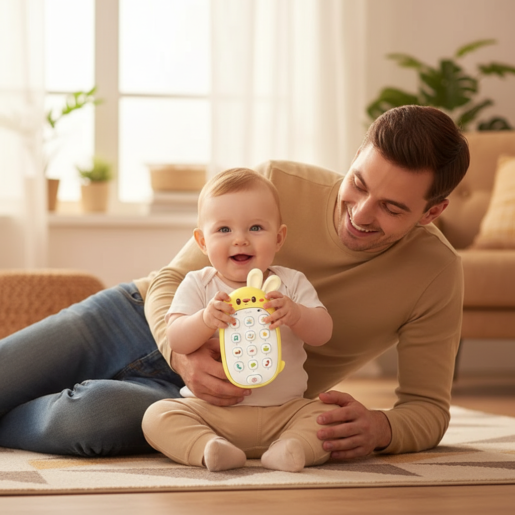 Parent et bébé jouant avec le téléphone jouet lapin jaune