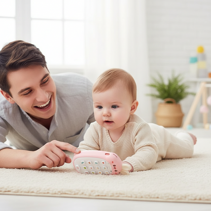 Parent et bébé découvrant le téléphone jouet lapin rose
