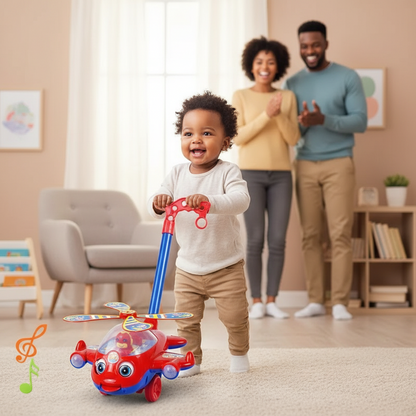 Petite fille utilisant un trotteur hélicoptère musical Montessori rouge et bleu sous le regard fier de ses parents - Jouet d'éveil motricité bébé Nid'Éveil