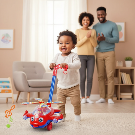 Petite fille utilisant un trotteur hélicoptère musical Montessori rouge et bleu sous le regard fier de ses parents - Jouet d'éveil motricité bébé Nid'Éveil