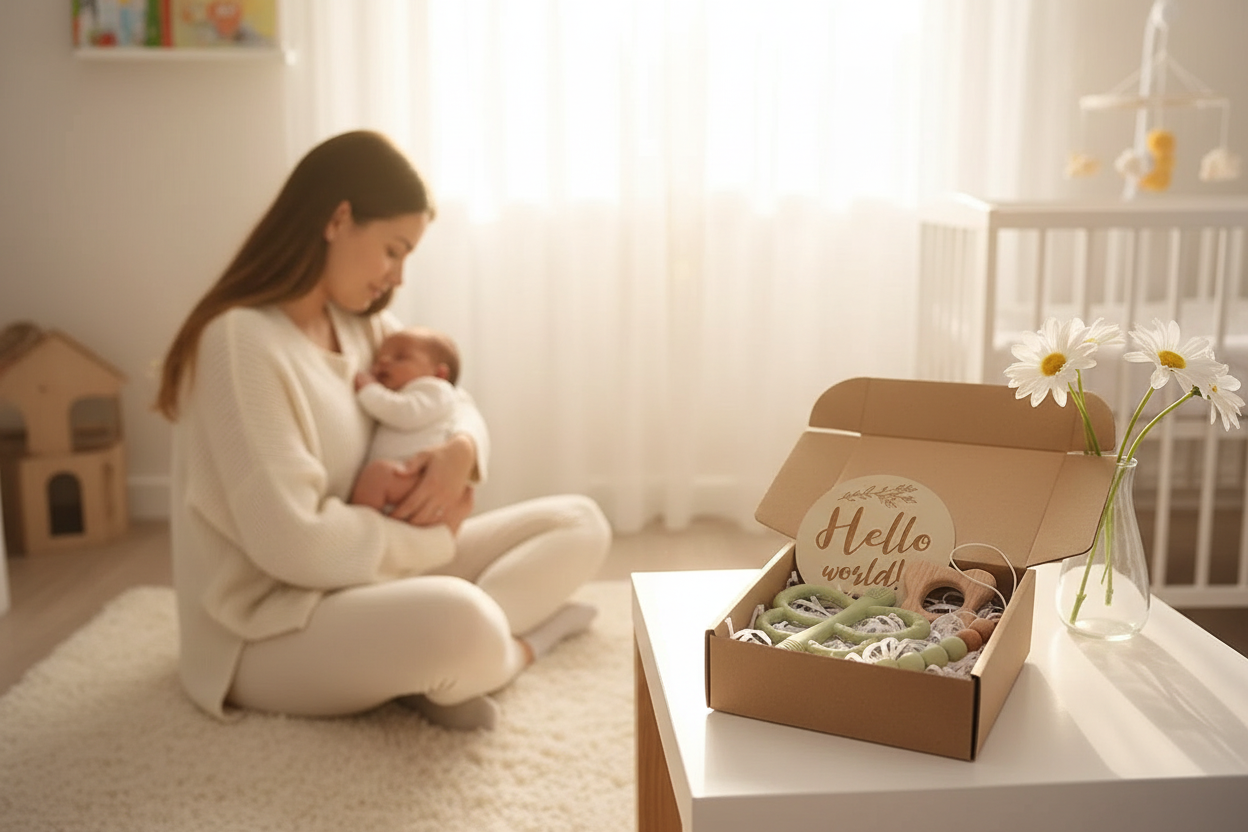 Moment maternité serein avec coffret cadeau naissance vert - Set Montessori hochet bois et silicone pour nouveau-né

