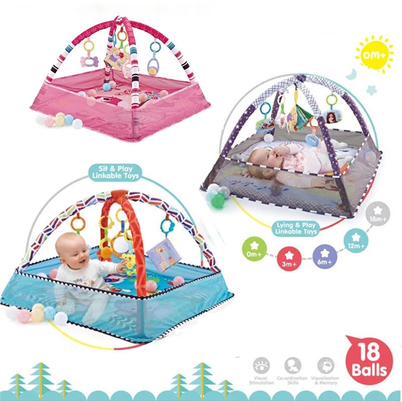 Tapis d’éveil évolutif avec arches et jouets suspendus – Aire de jeu bébé sans balles - Nid’Éveil