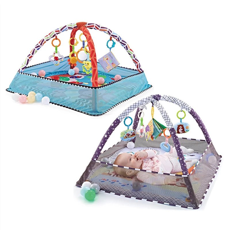 Tapis d’éveil évolutif avec arches et jouets suspendus – Aire de jeu bébé sans balles - Nid’Éveil