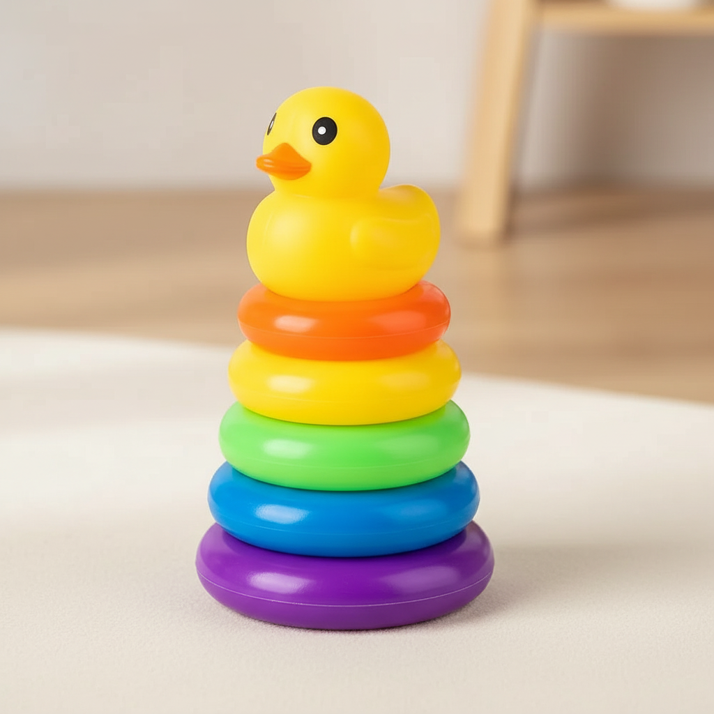 Tour à empiler Montessori 5 anneaux colorés avec canard jaune - jouet d'éveil développement motricité bébé 18.5cm
