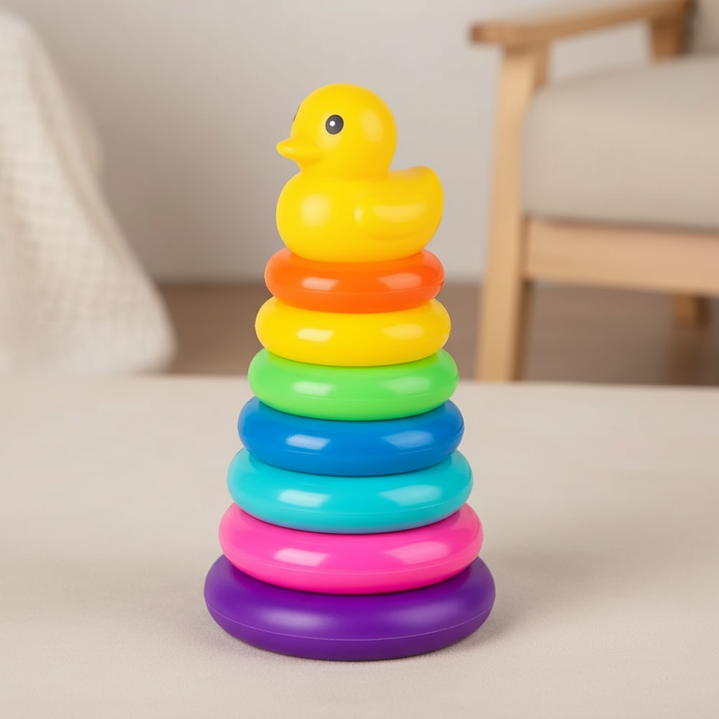 Tour à empiler Montessori 7 anneaux colorés avec canard jaune - jouet d'éveil développement motricité bébé 23.5cm