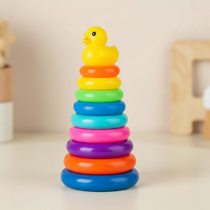 Tour à empiler Montessori 9 anneaux colorés avec canard jaune - jouet d'éveil développement motricité bébé 29cm