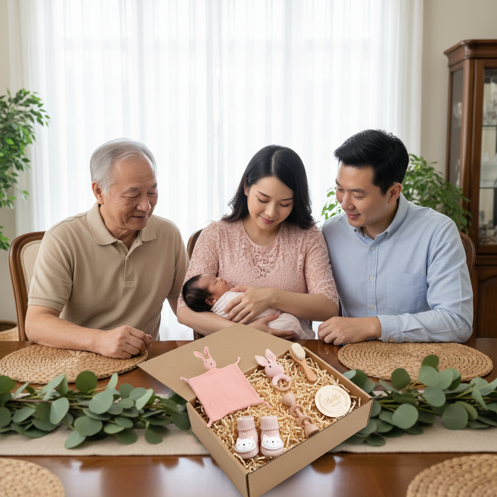 Trois générations famille avec maman tenant bébé recevant coffret cadeau naissance Montessori rose - Doudou lapin, hochet crochet, accessoires bois