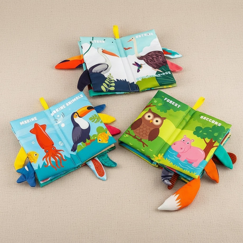 Livre sensoriel bébé en tissu avec animaux marins - pieuvre, requin et crabe colorés