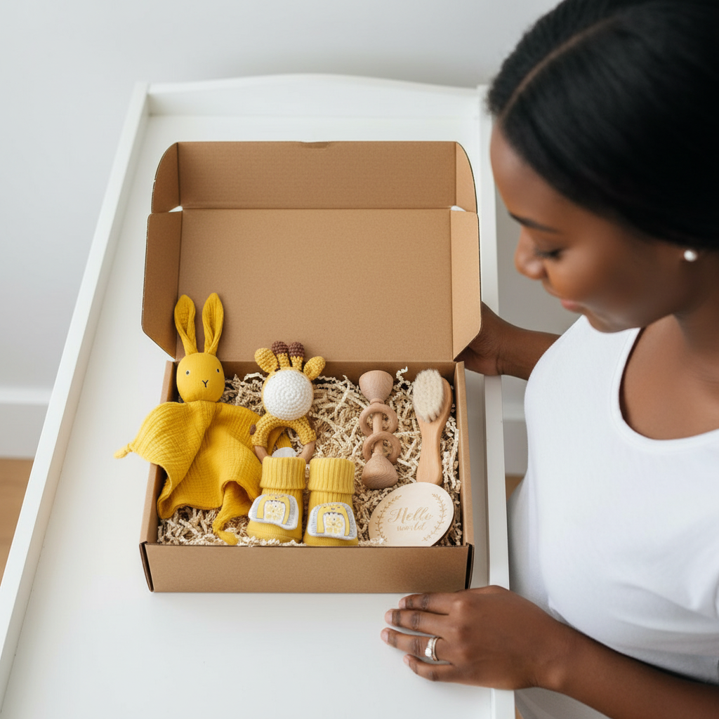 Cadeau congé maternité - Coffret naissance Nid'Éveil avec doudou girafe et accessoires bébé Montessori